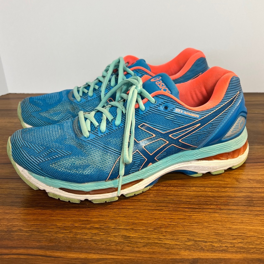Asics Gel Nimbus 19 Women's Running Shoes 9.5 athletic sneakers teal blue coral